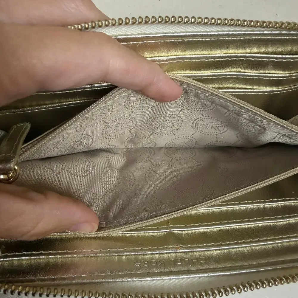 Michael Kors Contential MK Mono Mirror White Metallic zip around long wallet